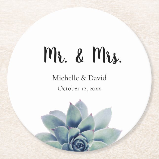 Elegant Succulent Greenery Wedding Mr. & Mrs. Round Paper Coaster (Front)