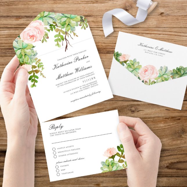 Elegant Succulent Rose Garden Boho Wedding All In One Invitation (Creator Uploaded)