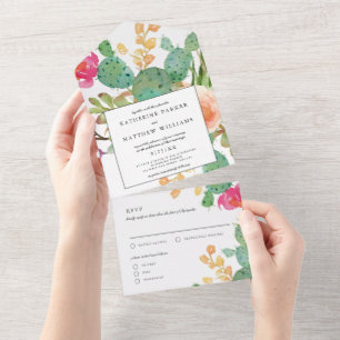 Elegant Succulent Watercolor Floral Wedding All In One Invitation