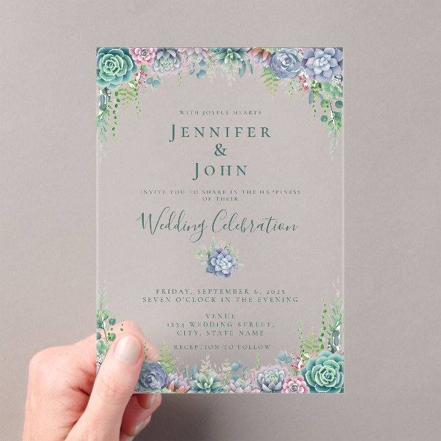 Elegant Succulent Watercolor Greenery Wedding Acrylic Invitations (Insitu (Handheld))