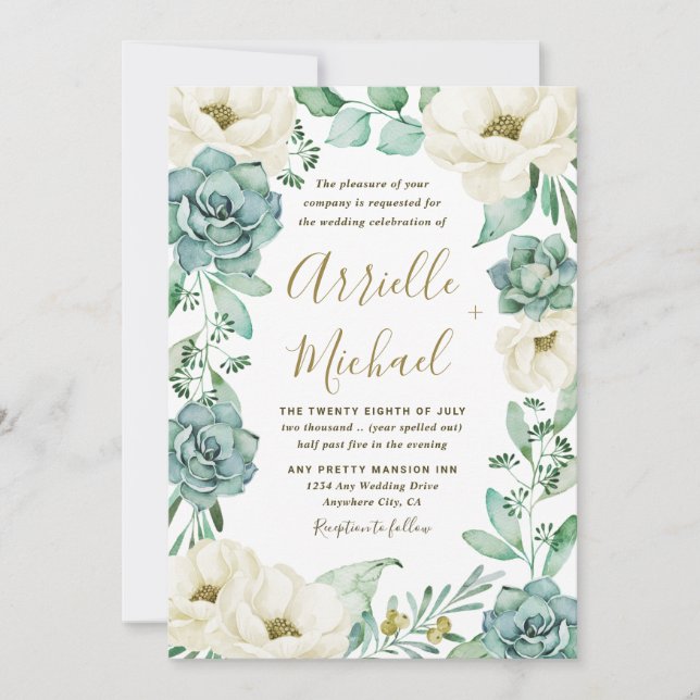 Elegant Succulent Watercolor Ivory Floral Wedding Invitation (Front)