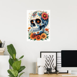 Elegant Sugar Skull with Flowers  Poster
