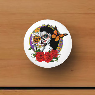 Elegant Sugar Skulls Monarch Red Roses Art Nouveau Ceramic Knob