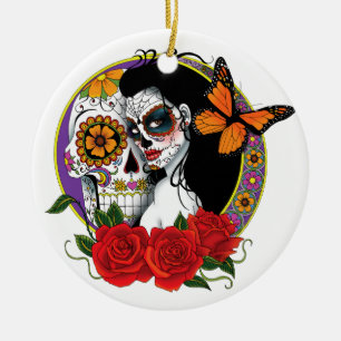 Elegant Sugar Skulls Monarch Red Roses Art Nouveau Ceramic Tree Decoration