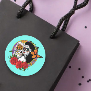 Elegant Sugar Skulls Monarch Red Roses Art Nouveau Classic Round Sticker