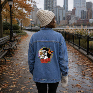 Elegant Sugar Skulls Monarch Red Roses Art Nouveau Denim Jacket