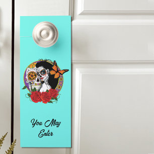 Elegant Sugar Skulls Monarch Red Roses Art Nouveau Door Hanger