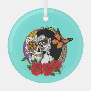Elegant Sugar Skulls Monarch Red Roses Art Nouveau Glass Tree Decoration