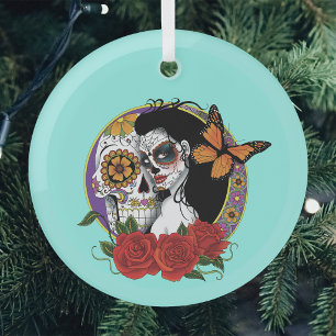 Elegant Sugar Skulls Monarch Red Roses Art Nouveau Glass Tree Decoration