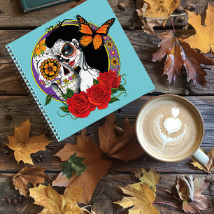 Elegant Sugar Skulls Monarch Red Roses Art Nouveau Notebook