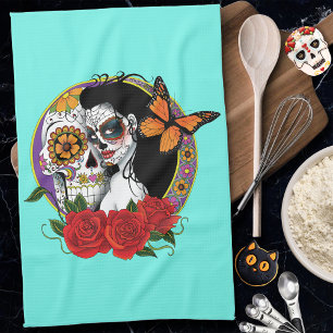 Elegant Sugar Skulls Monarch Red Roses Art Nouveau Tea Towel