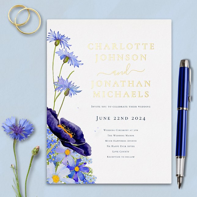 Elegant Summer Floral Blue and Gold Foil Invitation Postcard (Elegant blue wildflower gold foil wedding invitation summer floral watercolor )