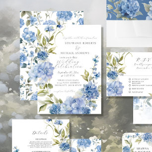 Elegant Summer Floral Blue and White Wedding Invitation