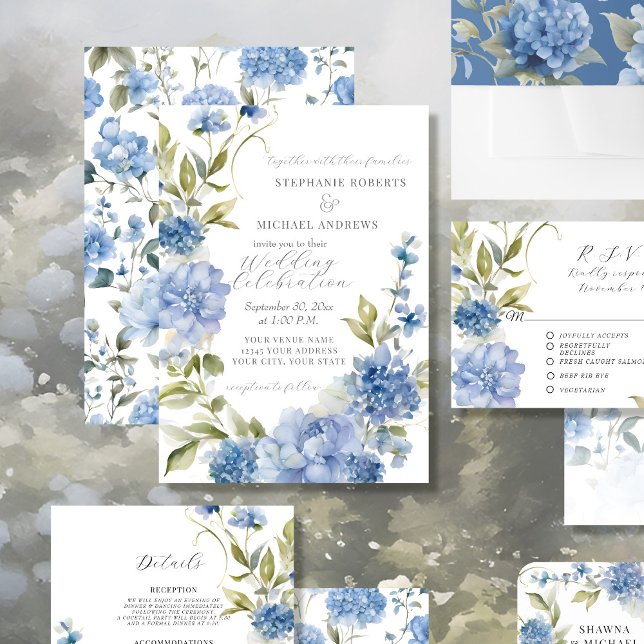Elegant Summer Floral Blue and White Wedding Invitation (Creator Uploaded)