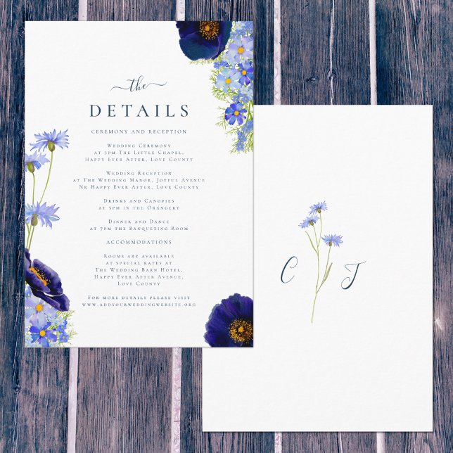 Elegant Summer Floral Blue Wedding Details Enclosure Card (Original spring summer wildflower floral watercolor art by artist Catherine Sweetman )