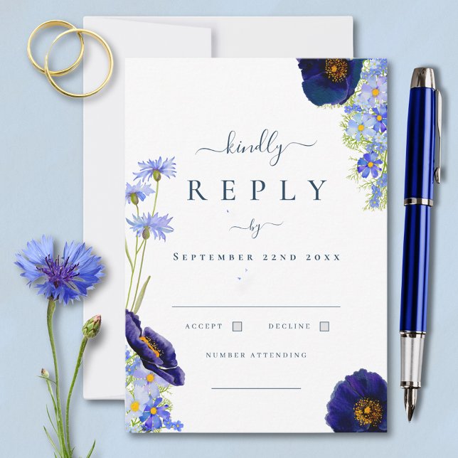 Elegant Summer Floral Blue Wedding Reply RSVP Card (Elegant Wildflower blue summer wedding kindly reply rsvp card with watercolor floral artwork )