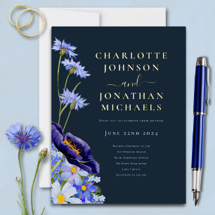 Elegant Summer Floral Navy Blue and Gold Foil Invitation Postcard