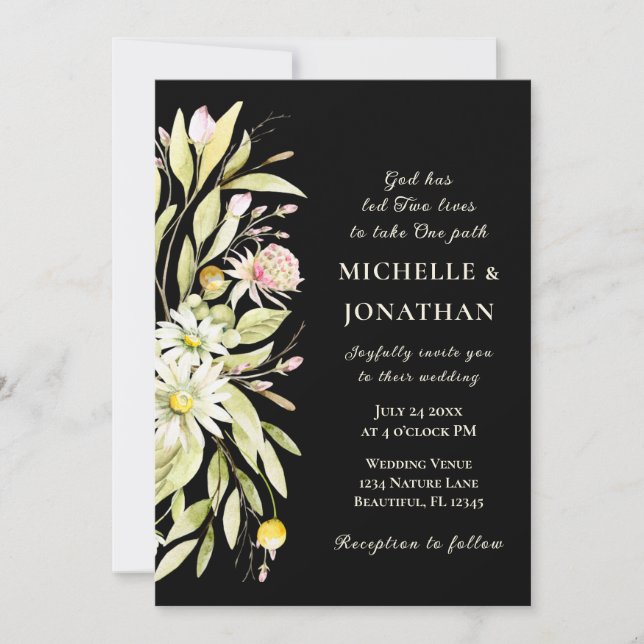Elegant Summer Floral on Black Christian Wedding Invitation (Front)