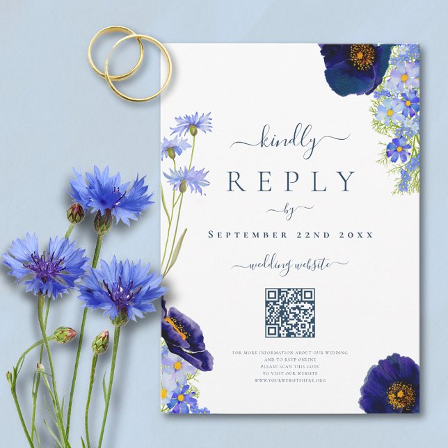 Elegant Summer Floral Wedding Response QR Code (Elegant stylish blue summer floral QR code wedding reply card with watercolor wildflower artwork)