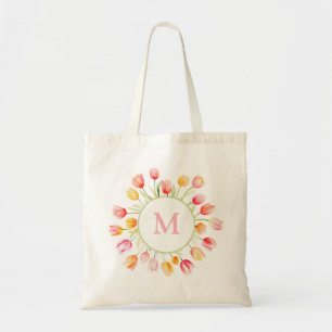 Elegant Summer Flower Tulip Pink Red Monogram Tote Bag