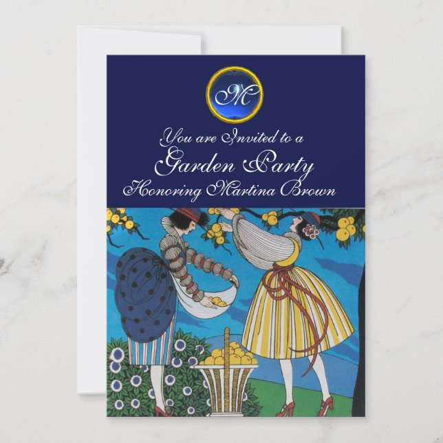 ELEGANT SUMMER GARDEN PARTY SAPPHIRE GEM MONOGRAM INVITATION (Front)