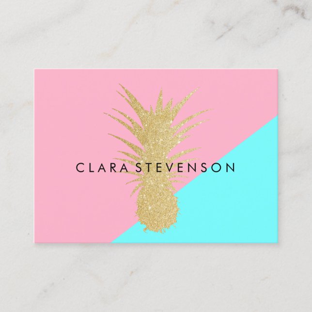 elegant summer gold glitter pineapple pink mint business card (Front)