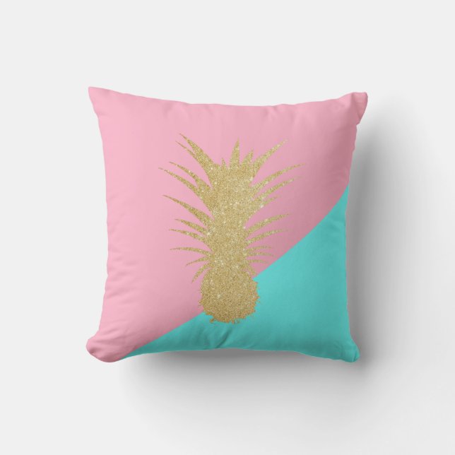elegant summer gold glitter pineapple pink mint cushion (Front)