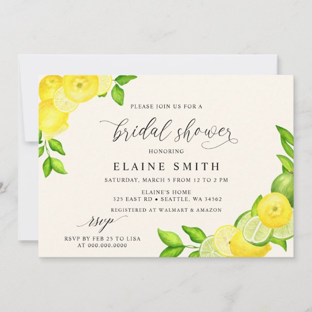Elegant Summer Lemon Lime Citrus Bridal Shower  Invitation (Front)