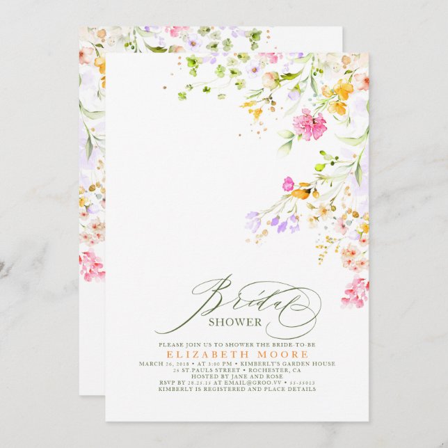 Elegant Summer Meadow Wildflowers Bridal Shower 2 Invitation (Front/Back)