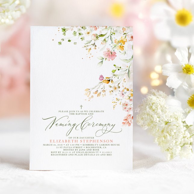 Elegant Summer Meadow Wildflowers Naming Ceremony Invitation (Wildflowers Baptism and Naming Ceremony Invitation)