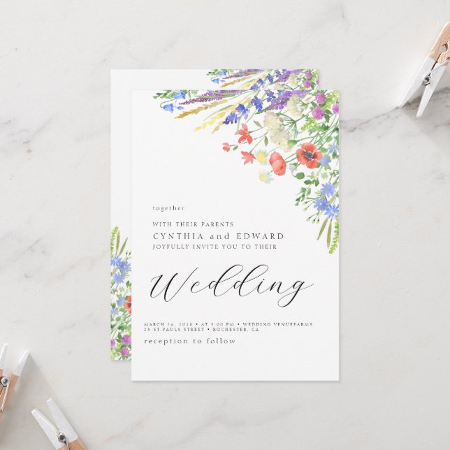 Elegant Summer Meadow Wildflowers Wedding Invitation (Front/Back In Situ)