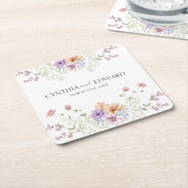 Elegant Summer Meadow Wildflowers Wedding Square Paper Coaster (Angled)