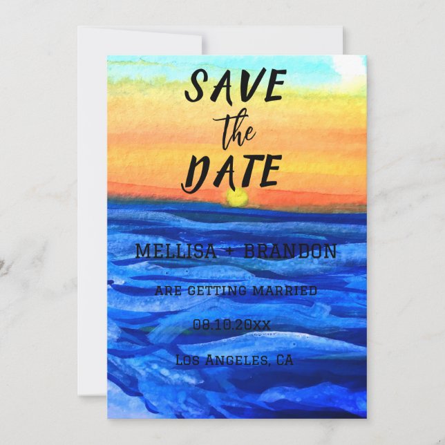 Elegant Summer Ocean Waves Sunset Beach Invitation (Front)