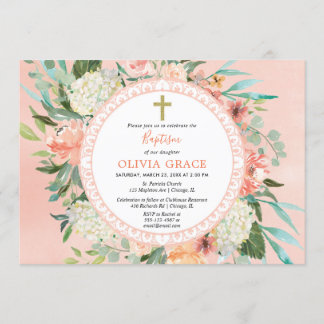 Elegant summer peach floral Baptism girl Invitation
