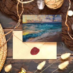 Elegant Summer Sunset Beach String Lights, Wedding Invitation