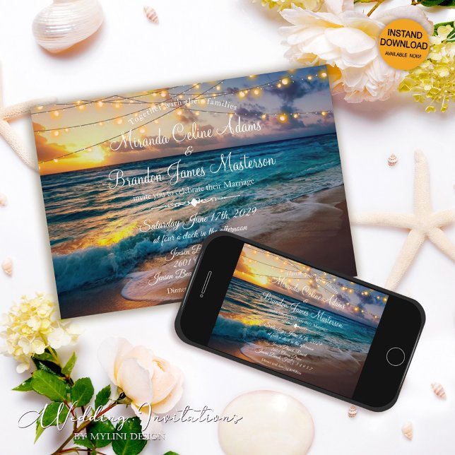 Elegant Summer Sunset Beach String Lights Wedding Invitation (Creator Uploaded)