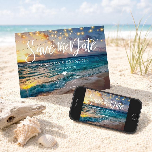 Elegant Summer Sunset Beach String Lights, Wedding Save The Date (Creator Uploaded)
