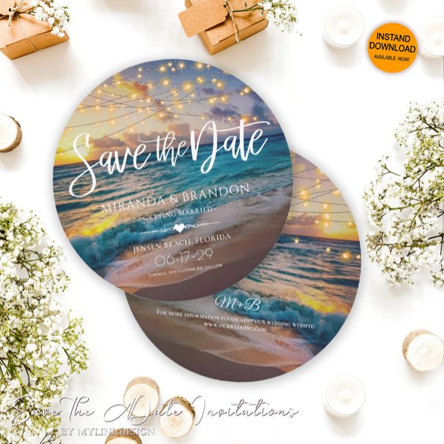 Elegant Summer Sunset Beach String Lights Wedding Save The Date (Creator Uploaded)