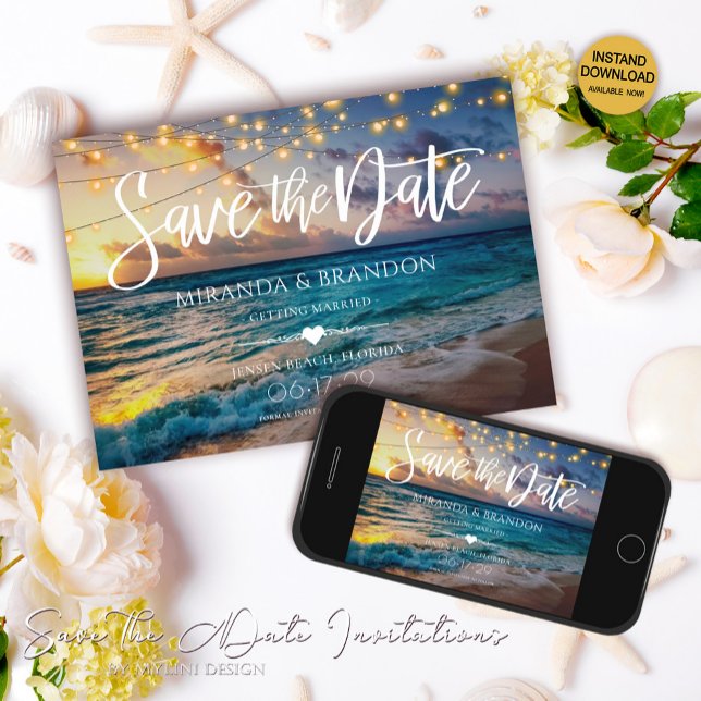 Elegant Summer Sunset Beach String Lights, Wedding Save The Date (Creator Uploaded)