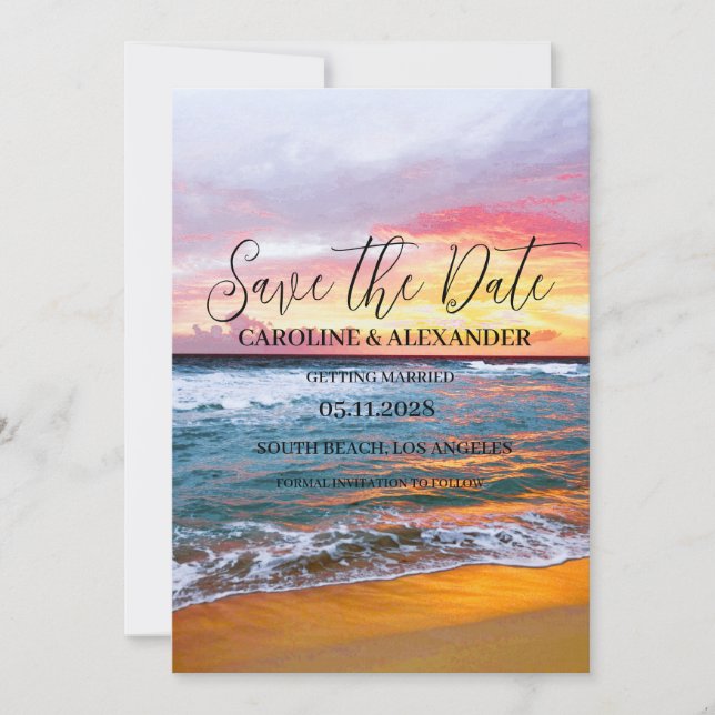 Elegant Summer Sunset Beach Tropical Wedding Save The Date (Front)