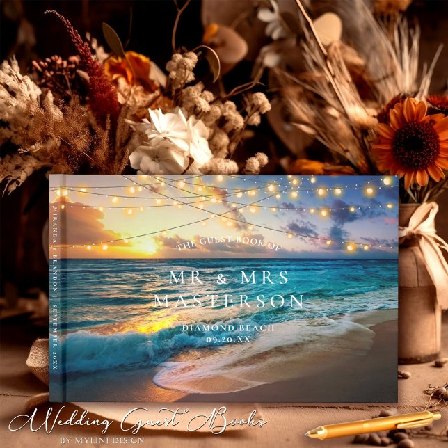 Elegant Summer Sunset Tropical Beach Wedding Guest Book (Creator Uploaded)