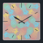 elegant summer tropical colourful pineapple square wall clock<br><div class="desc">Pretty pineapple pattern.</div>