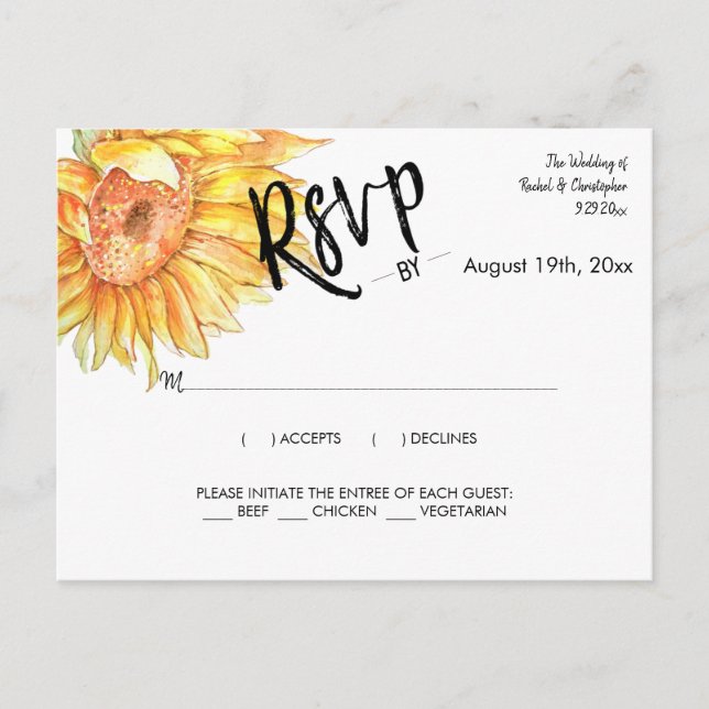 Elegant Summer Wedding Sunflowers Response RSVP Postcard (Front)