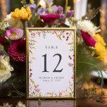 Elegant Summer Wildflower Blush Wedding Table Number<br><div class="desc">Elegant wildflower wedding table number cards featuring the table number, your names, and wedding date displayed in green lettering surrounded by a frame of watercolor flowers and foliage in shades of golden yellow, pink, and purple with a blush pink background. The watercolor wildflower table number cards are perfect for spring...</div>