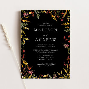 Elegant Summer Wildflower Frame Black Wedding Invitation