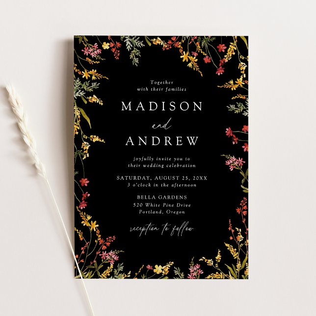 Elegant Summer Wildflower Frame Black Wedding Invitation (Creator Uploaded)