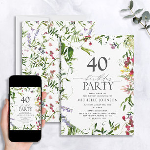 Elegant Summer Wildflower Watercolor 40th Birthday Invitation