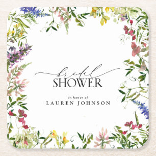 Elegant Summer Wildflower Watercolor Bridal Shower Square Paper Coaster