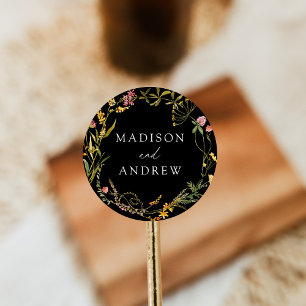 Elegant Summer Wildflower Wreath Black Wedding Classic Round Sticker