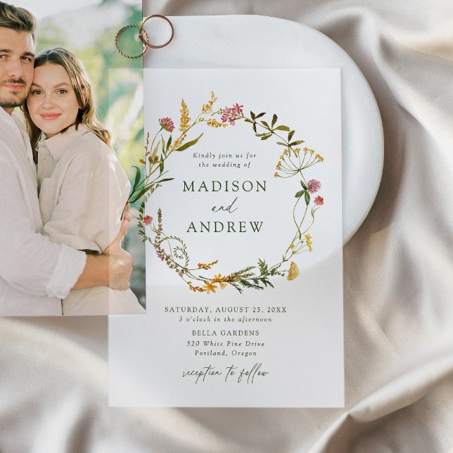 Elegant Summer Wildflower Wreath Wedding Vellum Invitations (Creator Uploaded)